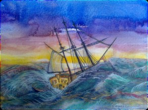 Endevour on the way to Australia, Watercolour by Andrea Connolly