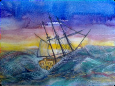 Endevour on the way to Australia, Watercolour by Andrea Connolly