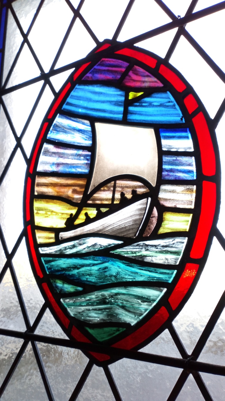 Stained glass mandorla ith ship by #AndreaCConnolly 